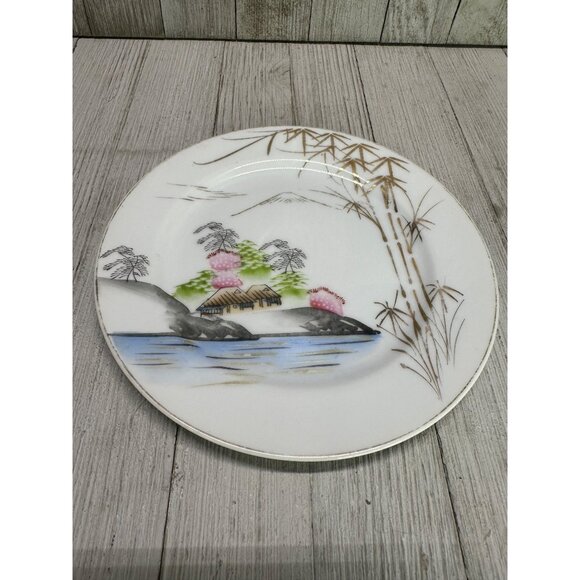 Vintage Kutani Ware Teapot 7" Tall & Plate 7" DIA Bamboo Village Golden Design - Picture 3 of 14